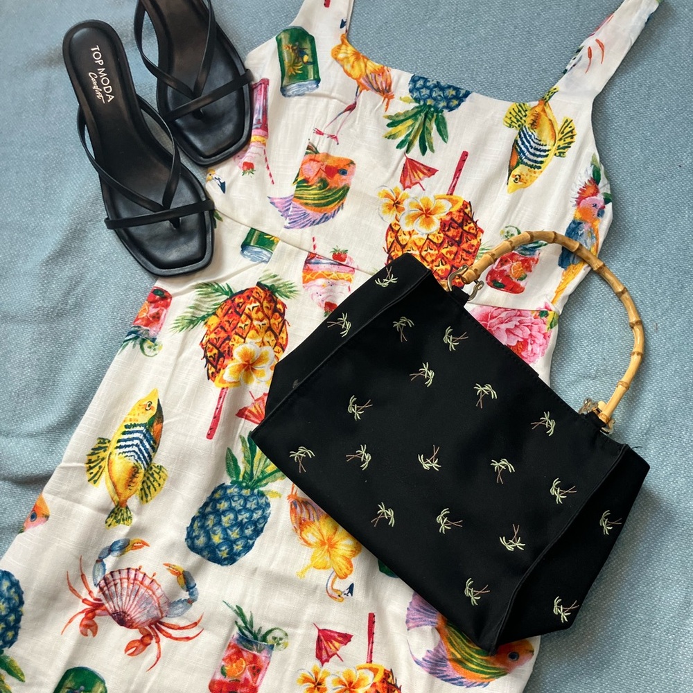 Black Tropical Print Handbag with Bamboo Handles